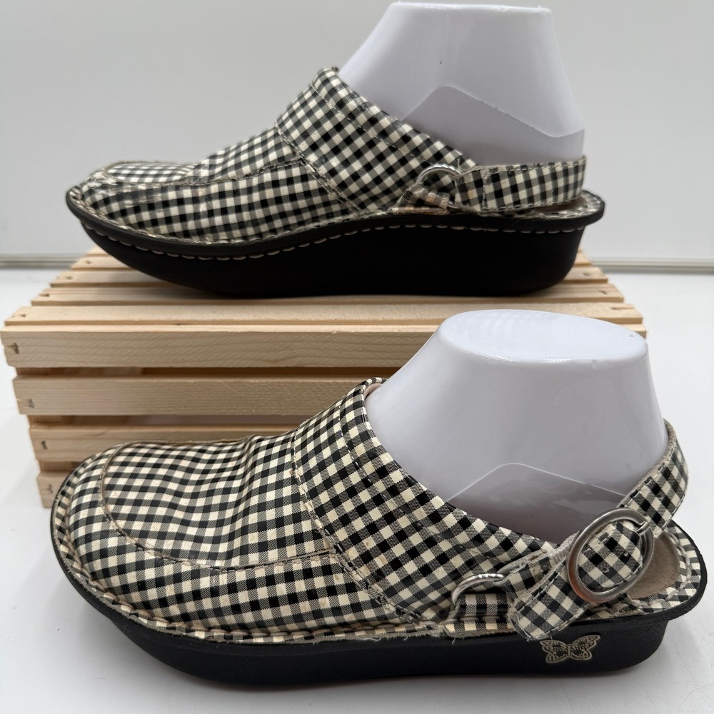 Alegria Seville Clogs Gingham Black White Adjustable Heel Strap Women 38